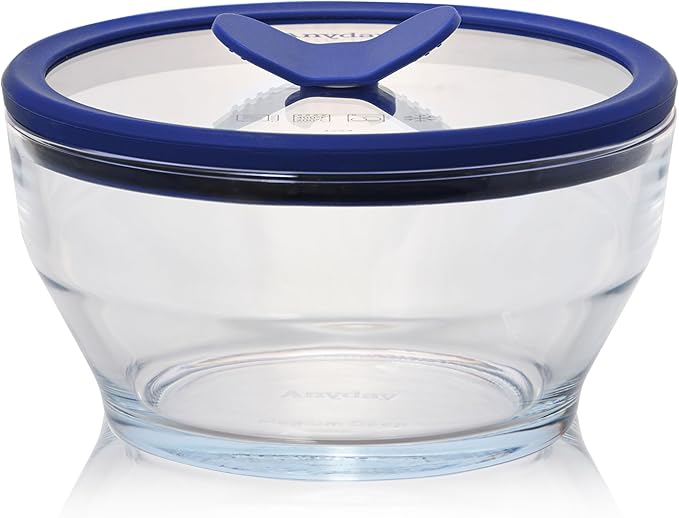 Anyday 4-Cup Glass Food Storage with Lid (Clear Blueberry) | Round Deep Dish, Plastic-Free Meal Prep, Microwave Cookware, Stackable Airtight Storage Container, Microwave Steamer
