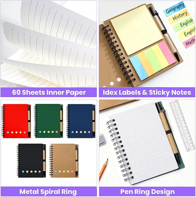 50 Pack Spiral Pocket Notebook with Pen, 4.2x5.25 Inch Lined Journals Bulk Small Notebooks and Pen Set, Spiral Notepad Sticky Notes for Business Office School, 5 Colors, 60 Sheets/120 Pages