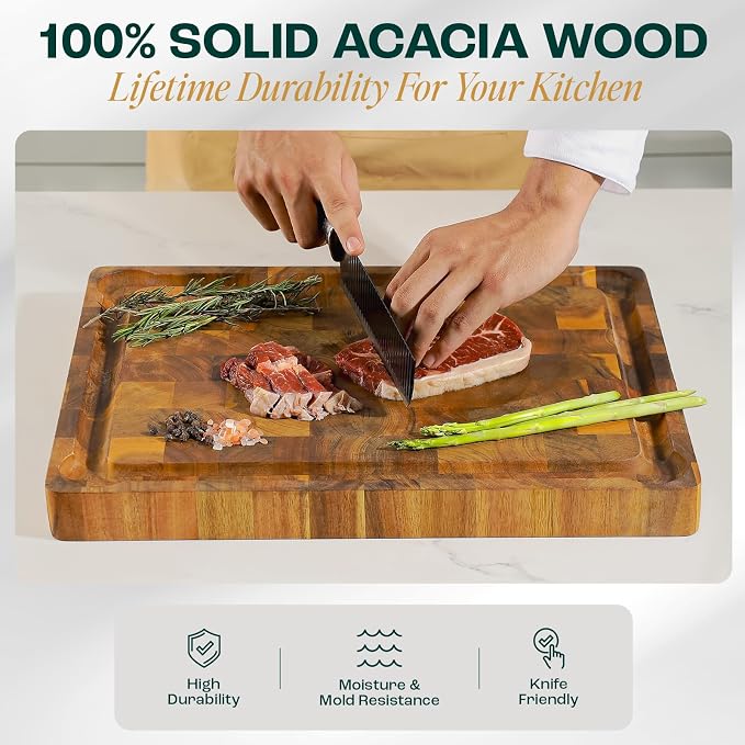 Yes4All Durable Acacia Wood Cutting Board for Kitchen, 24"x15"x1.5" Large End Grain Design, Pre-Oiled Thick Chopping Board with Juice Grooves and Easy Grip Handles, Ideal for Meal Prep and Serving