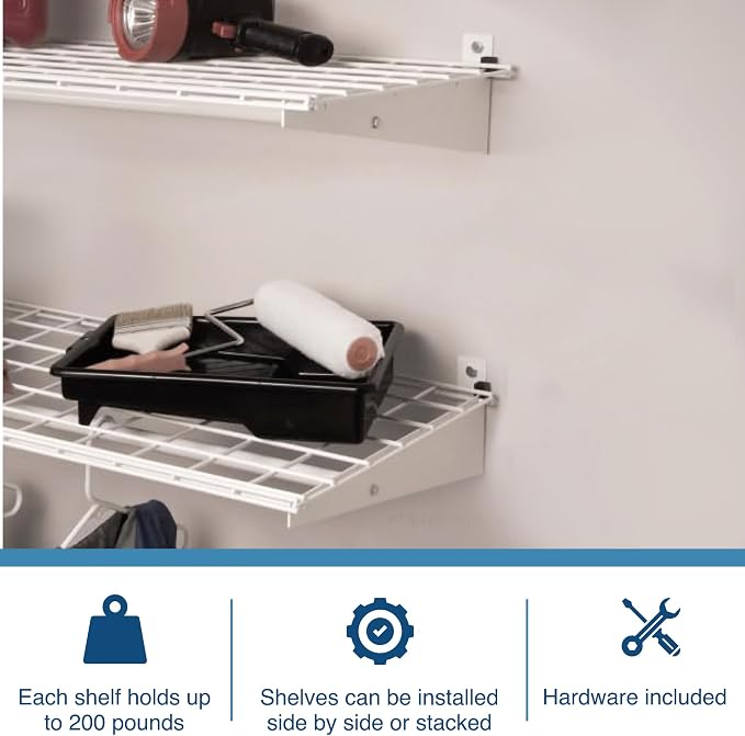 Hyloft 00630 2-Pack Heavy Duty Steel Wall Garage Shelving, 48-Inch X 24-Inch Wall Mounted Shelves for Garage Storage, Low-Profile Brackets, Max Shelf Load 150 Pounds, White Powder Coated Finish