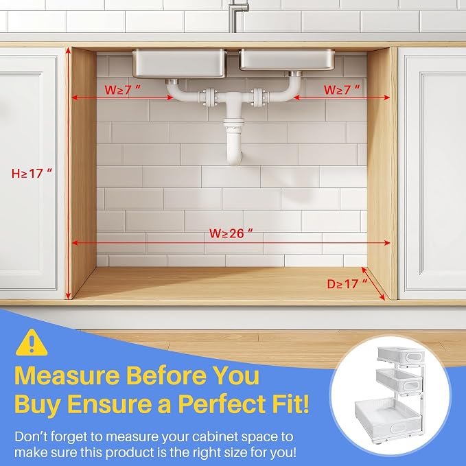 Under Sink Organizer, 1-Pack 3-Tier Thickened Metal Pull out Cabinet Organizer Shelf, Height Adjustable Slide out Storage Drawer Rack for Kitchen Bathroom Pantry Laundry Home Organization, White