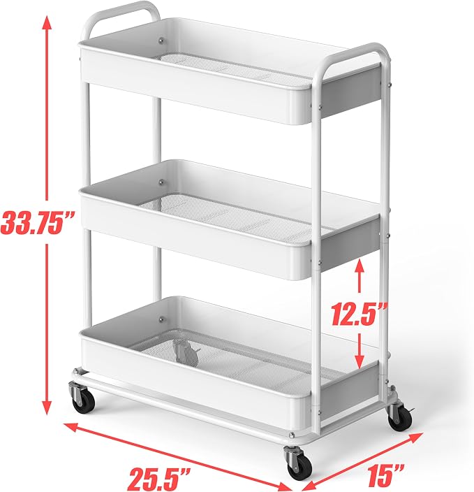 Simple Houseware 26" Extra-Wide 3-Tier Heavy Duty Metal Utility Cart, White | High-Capacity Rolling Cart Organizer for Spa, Salon, Office, and Home Storage