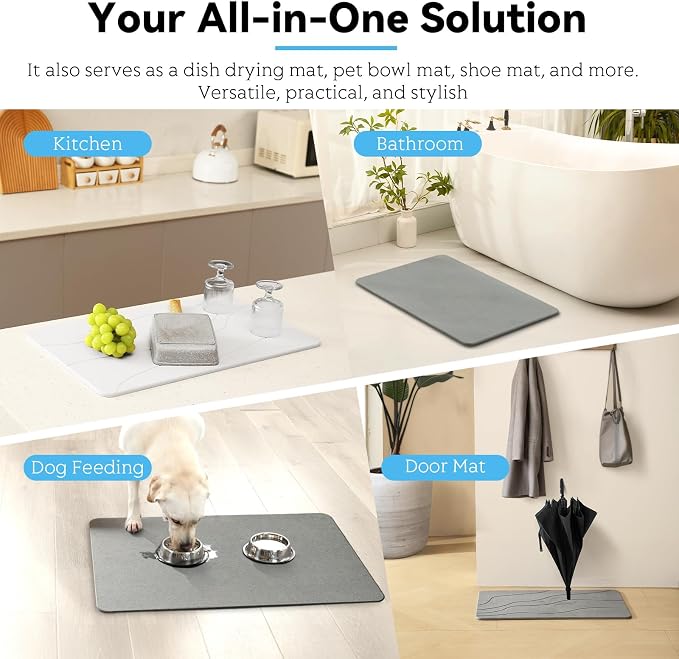 Stone Bath Mat, Dries Quickly, Non-Slip Diatomaceous Earth Bath Mats for Bathroom, Super Absorbent Stone Shower Mat, Easy to Clean, 23.5" x 15.5" Light Gray