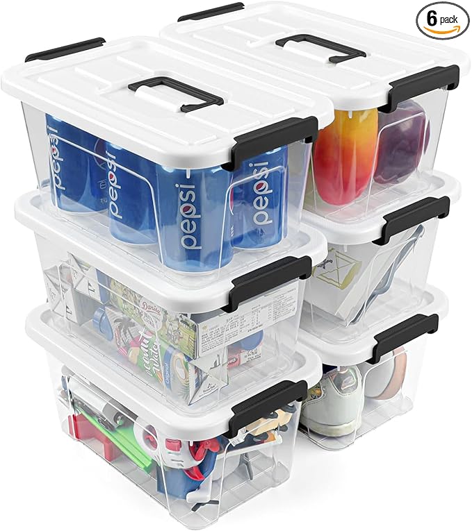 NUMIFUN Plastic Storage Bins With Lids 6 Pack Storage Organizer Bins, 7 Quart Stackable Storage Bins with Lids and Black Handle Buckle Easy for Home Office Organization, White