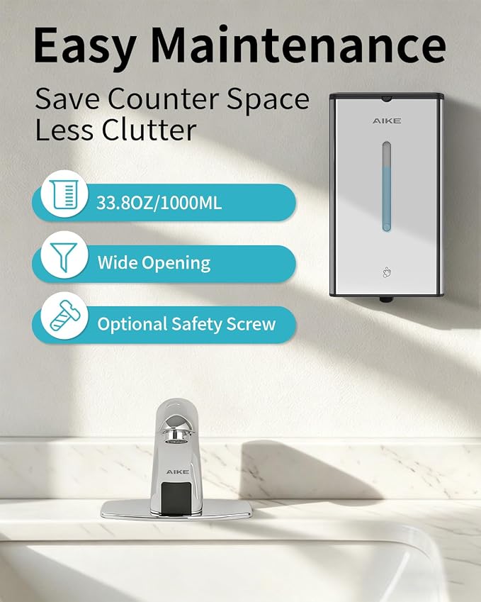 AIKE Automatic Foaming Soap Dispenser 33.8oz for Bathroom,Polished AK1207FA | Rich Foam and Steel Finish,5-Level Adjustable and Key for Commercial(Battery Not Included),Screw Wall Mount for Space-Saving
