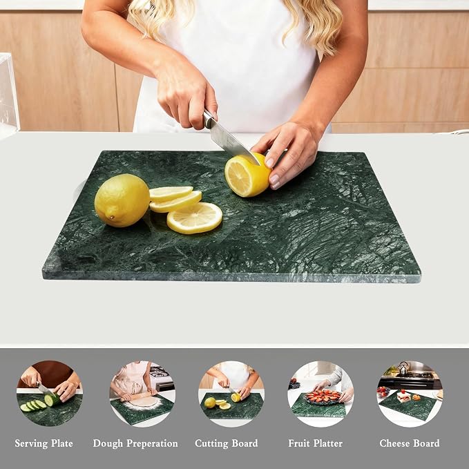 Marble Cutting Board for Kitchen 16×12 Inch green | Natural stone, 0.59" thick, non-slip feet, stay cool for dough/butter, ideal for pastry, cheese, charcuterie, pizza, bread