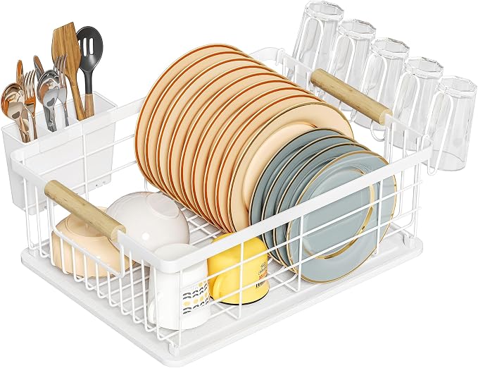 Dish Drying Rack White with Diatomaceous Earth No Installation Required | Space Saving with Cutlery Cups Holder