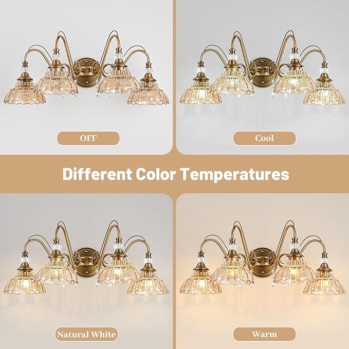 Vintage Bathroom Vanity Light, 4-Light Matte Antique Brass Finish Wall Sconce with Hanging Crystal Accents and Flower-Shaped Amber Glass Shades, Retro Wall Mount Vanity Light Over Mirror for Bathroom