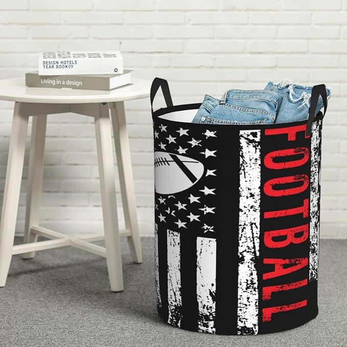Football American Flag Sport Laundry Hamper Laundry Basket Circular Hamper Dirty Clothes Storage with Handles