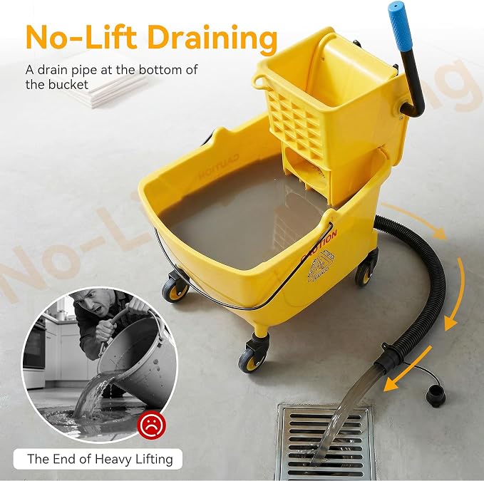 38 Qt Commercial Mop Bucket with Side Press Wringer on Wheels, Including Wet Floor Caution Sign, 1 Heavy Duty Industrial Mop, 1 Mop Head Replacement and a Pair of Gloves