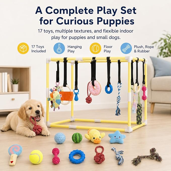 Puppy Play Gym with 17 Hanging Toys, 22" Indoor Dog Jungle Gym | Interactive Enrichment Activity Center for Active Small Dogs, Puppies & Cats, Teething & Squeaky Toys, Stable PVC Frame