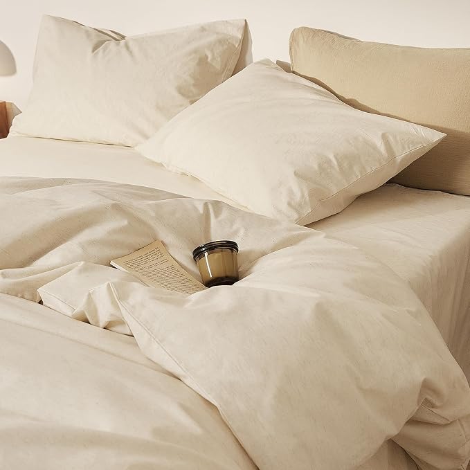 mixinni 3 Piece Washed Cotton Linen Blend Duvet Cover Set Queen Size, Soft Breathable Farmhouse Beige Neutral Solid Duvet Cover with Natural Linen Texture, 90x90 inches with 2 Pillowcases