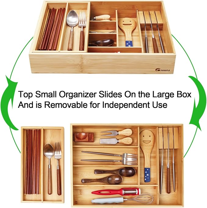 COIWAI Double Layer Bamboo Drawer Organizer Cutlery Utensil Silverware Drawer Organizer, cutlery Silverware Tray for Drawer, Utensil Holder Drawer Dividers for Flatware (L: 16.85 × 12.2 in)