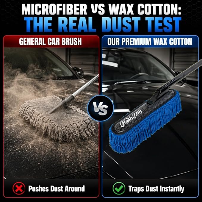Flash Dog Car Duster Exterior & Interior Set – No Dust Scattering Auto Duster Brush with Wood Handle & Mini Brush, Wax-Treated Cotton Head, Scratch-Free Dust Remover for Car, Truck, SUV