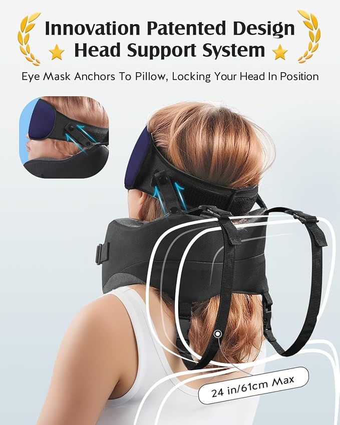 YFONG Travel Pillow for Long Flight Airplanes, Head Strap Combo with 3D Contoured Eye Mask for Sleep, Neck Pillow for Car Trip Essential, 360° Support Memory Foam Headrest, Prevent Bobbing, Blue