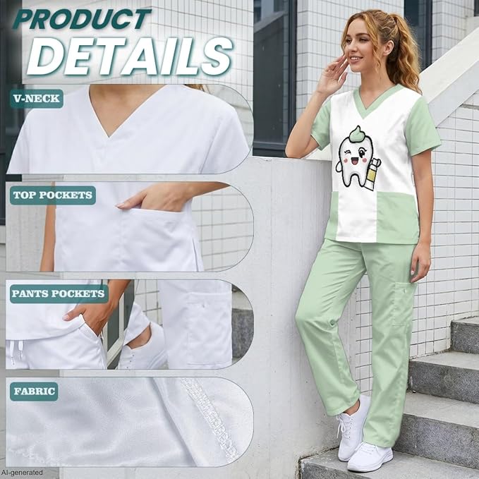 Gomyblomy Women's Scrubs Suit 3-Piece Set | Teeth Print V-Neck Top & Pants & Cap, Breathable and Stretch Fabric, S-5XL