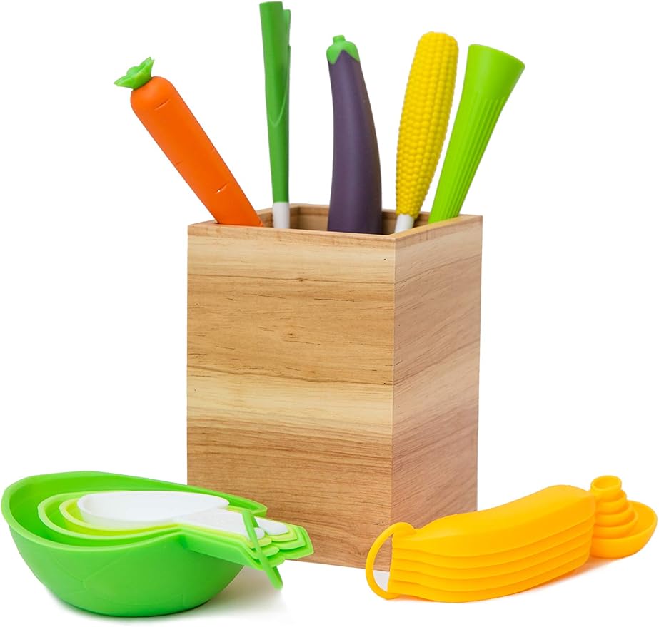 7-Piece Utensil Set - Sensory Friendly - Best Multicolor Kitchen Tools & Gadgets - Mixing Spoon, Spatula, Salad Servers, Whisk, Measuring Cups & Spoons
