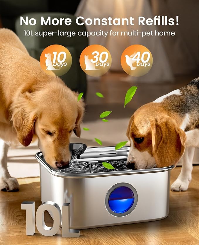 oneisall 10L/2.6Gal Dog Water Fountain for Large Dogs (with 5 Filters) | Deeper & Wider Drinking Area, Visualization Water Window & Triple Filtration,304 Stainless Steel