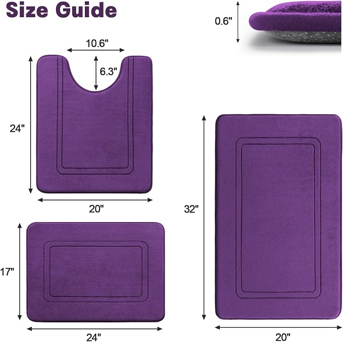 YIHOUSE Memory Foam Bath Mat Set, Bathroom Rugs Sets 3 Pieces, Non Slip Bath Mats for Bathroom, Super Soft and Water Absorbent Bath Rug Set, Machine Washable U Shape Toilet Rug,Purple
