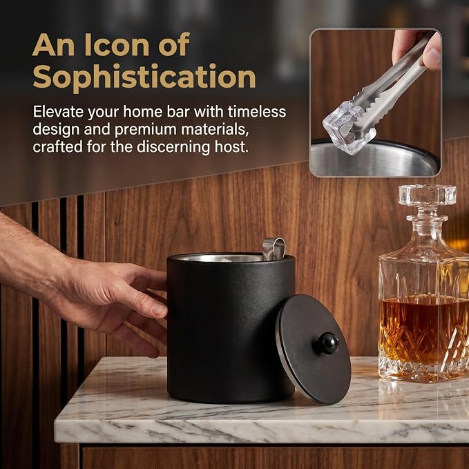 Ice Bucket with Lid & Tong - Insulated Stainless Steel Ice Bucket for Cocktail Bar & Parties - Black Double-Wall Wine Chiller with Strainer for Chilling Wine, Champagne & Beer - 5.5 x 5.5 x 7.3 inches