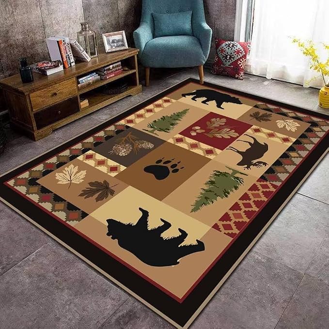Bohemian Moroccan Deer Cabin Rugs for Living Room Non-Slip Multicolor Rustic Lodge Black Bear Area Rug Balcony Decor Wildlife Style Large Carpet 6'x9'