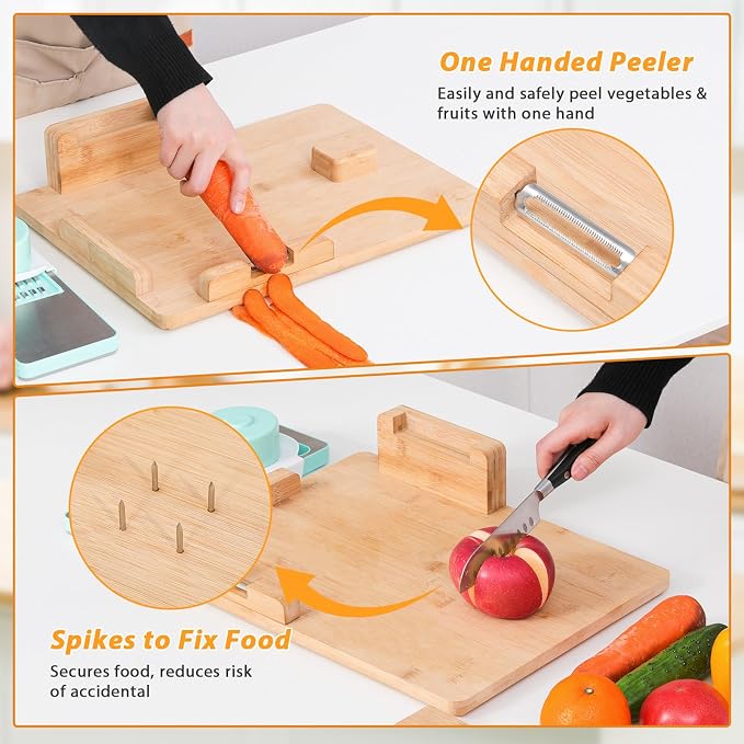 One-Handed Cutting Board, Adaptive Cutting Board for Disabled &Stroke Patients & Handicapped People, Handicap Kitchen Chopping Boards with Peeler& Steel Spikes & Grater