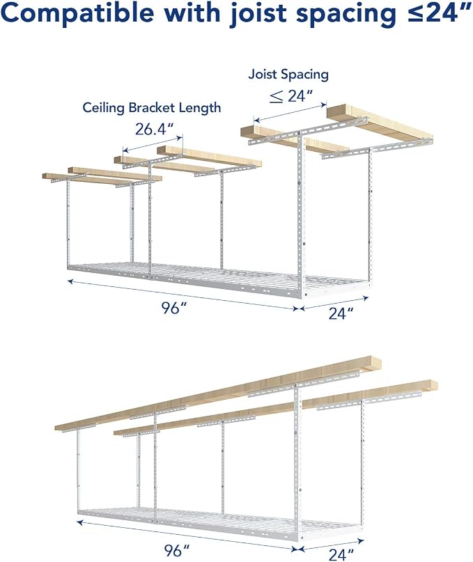 FLEXIMOUNTS 2x8 Overhead Garage Ceiling Storage Rack Organization, White | 400lbs Weight Capacity, 22"-40" Adjustable Organization System, Heavy-Duty Metal Ceiling Racks, Classic Series