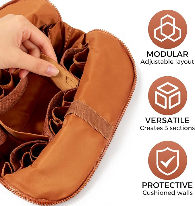 Travel Makeup Organizer Bag with Fold-Down Design and Adjustable Dividers, 27 Pockets & 3 Brush Storage Holders, Large Capacity Cosmetic Bags Toiletry Case - Brown