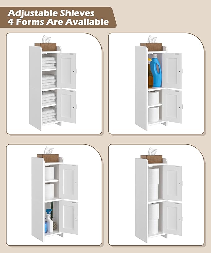 Akxomel Small Bathroom Cabinet Narrow Toilet Paper Organizer White | 7.9''D x 7.9''W Bathroom Organizer and Storage Cabinet for Small Space, Slim Corner Unit with Adjustable Shelf