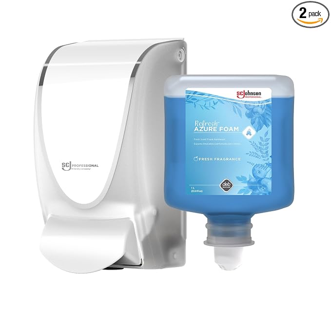 SC Johnson Professional Azure FOAM Dispenser and Refill Starter Kit, Wall Mount Soap Dispenser for Hand Soap, 1 Refresh Azure FOAM Hand Wash, 1 Liter Cartridge, 33.8 fl. oz., for Professional Use Only