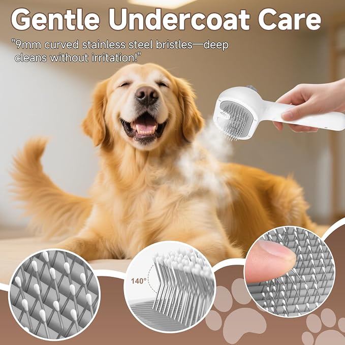 Pet Steam Brush for Dog & Cat - 3-in-1 Steam Grooming Brush for Shedding & Hair Removal - Pet comb leave-inserum with Mist for Long Haired Pets - Includes 2*Waterless Shampoo, Grey