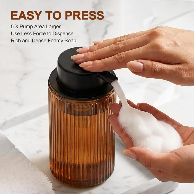 KASUNTING Amber Glass Foaming Soap Dispenser, Ribbed Foam Hand Soap Dispenser for Bathroom, 11 Fl Oz 2 Pack Refillable Foaming Pump Bottle with Black Pump, Modern Dish Soap Foam Dispenser