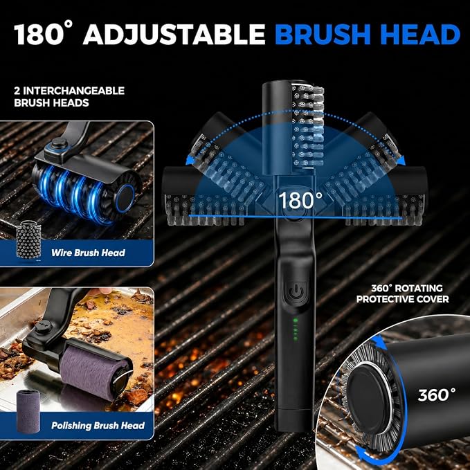 Electric Grill Cleaner, Rechargeable Cordless Grill Brush with 24kg High Torque, 3-Speed Cleaning, Adjustable Head & USB-C Charging for Outdoor BBQ, Camping, Patio Cooking and Grill Grates