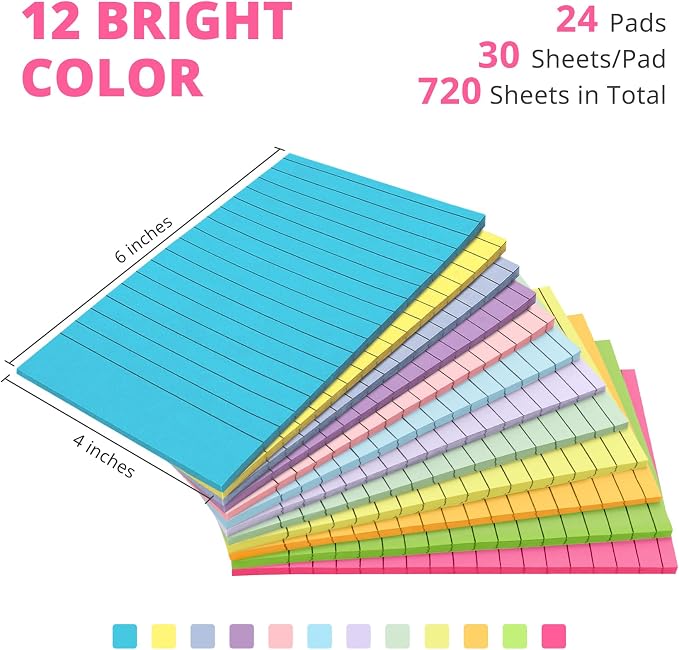 Lined Sticky Notes, 24 Pads, 4x6 Inches, Large Sticky Notes with Lines, Memo Note Pads in Multi Colors, 30 Sheets/Pad, Super Sticking Power for Office ＆ Home & Planning - Bright