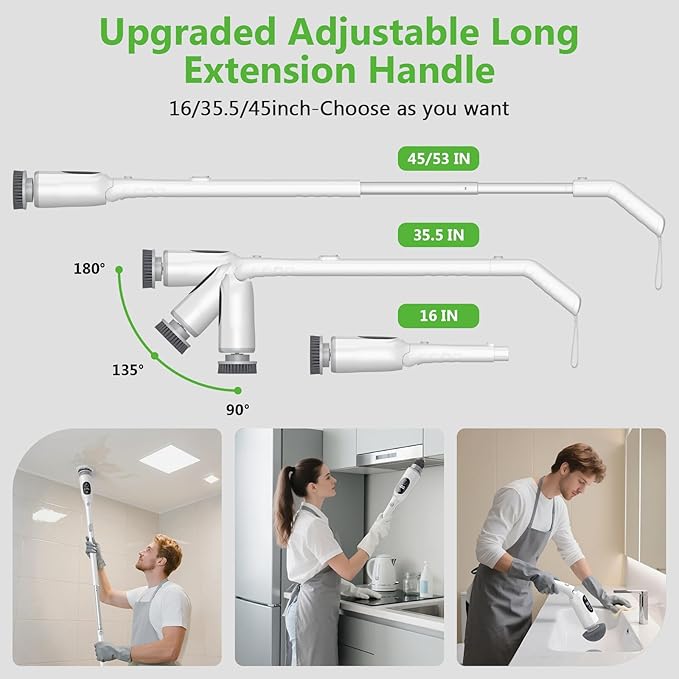 Electric Spin Scrubber, Cordless Cleaning Brush, 3H Work Time, Bathroom Scrubber with LED Display, 3-Speed Extendable Handle, IPX7 Waterproof, 8 Brush Heads for Shower, Tile, Tub, Floor, Toilet, Grout