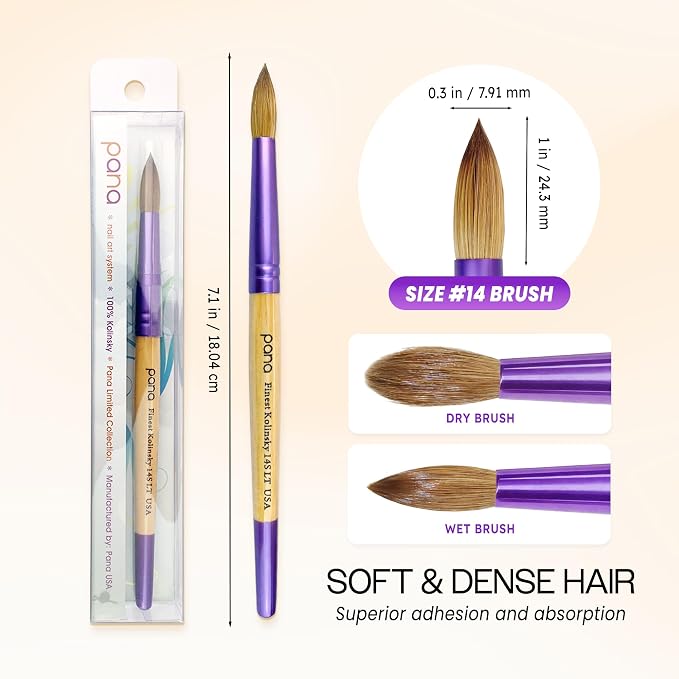 PANA Pure Kolinsky Hair Acrylic Nail Brush - Round Shape Purple Ferrule with Beige Wood Handle (Size 14) - Nail Brush for Acrylic Nail Application, Nail Extension, Manicure Pedicure Salon Beginner and
