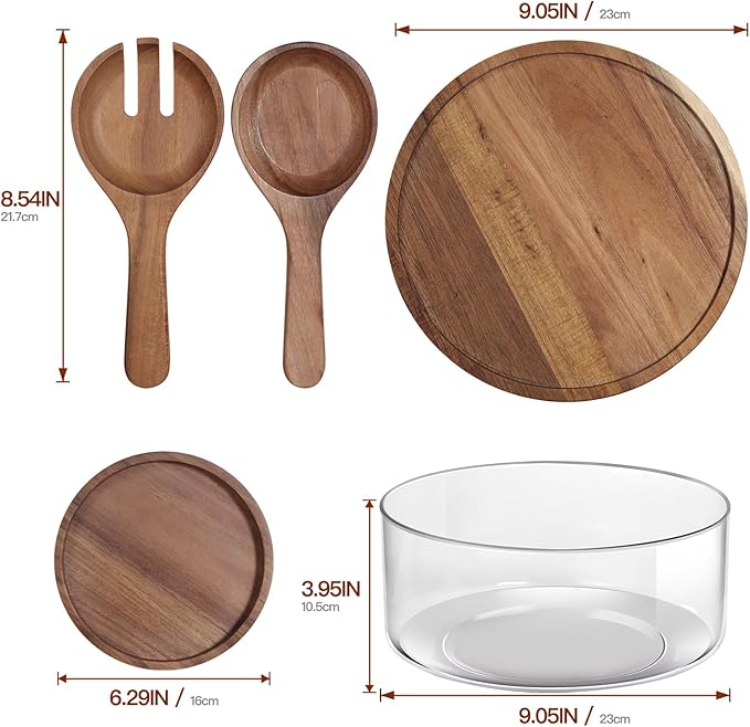 Large Glass Salad Bowls Set | Party Glass Mixing Bowl with Acacia Wood Lid Base and Serving Utensil | Elegant and Practical Serving Bowl for Kitchen
