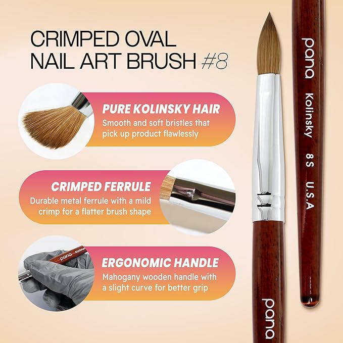 PANA Pure Kolinsky Hair Acrylic Nail Brush - Oval Crimped Shape Silver Ferrule with Mahogany Wood Handle (Size 8)