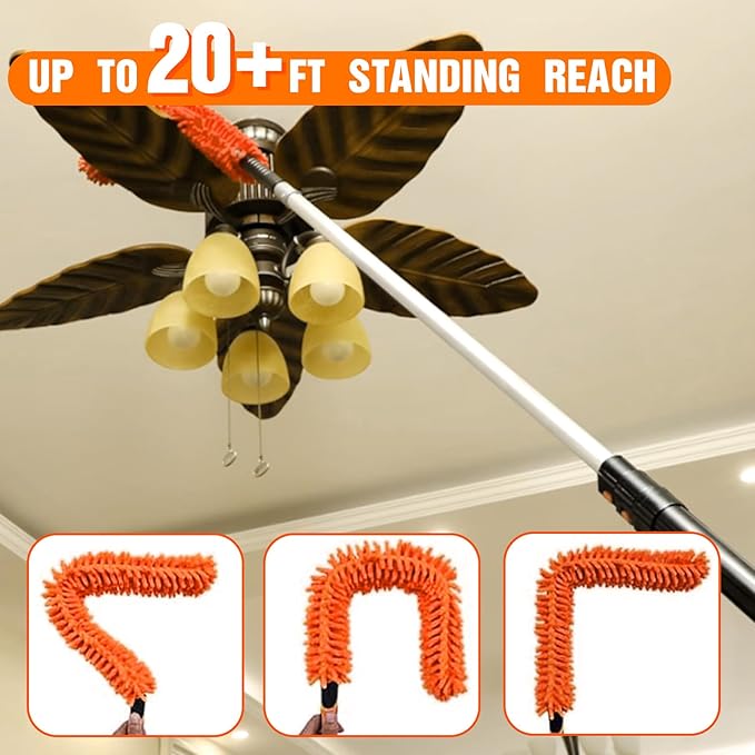 LAANPOLE 26FT High Reach Duster Cleaning Kit with Extension Pole, High Ceiling Fan Cleaner Duster Tool for Fan Blades, Window Washing Kit with Microfiber Feather Duster & Window Squeegee