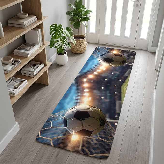 Kitchen Runner Rug, Football Sports Non Skid Hallway Rug Washable Rug, Football Field Goal Net Soccer Low Profile Indoor Doormat Floor Mat Rugs for Bedroom Laundry Room, 31.5" x 63"