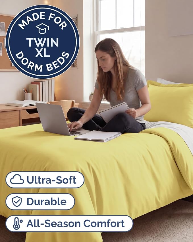Duvet Cover Twin/Twin XL Size Set - Extra Soft Twin/Twin XL Duvet Cover 68" x 90" with 1 Pillow Sham for Women, Men, Kids & Teens - Comfy, Easy-Care & Fade Free with Zipper Closures and Ties (Yellow)