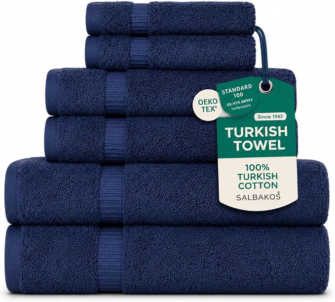 SALBAKOS - Luxury 6 Piece Towel Set, 100% Turkish Cotton, Quick Drying, Highly Absorbent & Comfy, Includes 2 Bath Towels, 2 Hand Towels & 2 Washcloths | (Navy)