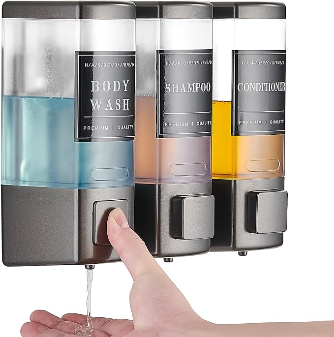 Pollock Shampoo and Conditioner Dispenser 3 Chamber * 500ML | Shower Soap Dispenser Wall Mounted, Body Wash Dispenser No Drill, Refillable Shower Dispenser for Bathroom