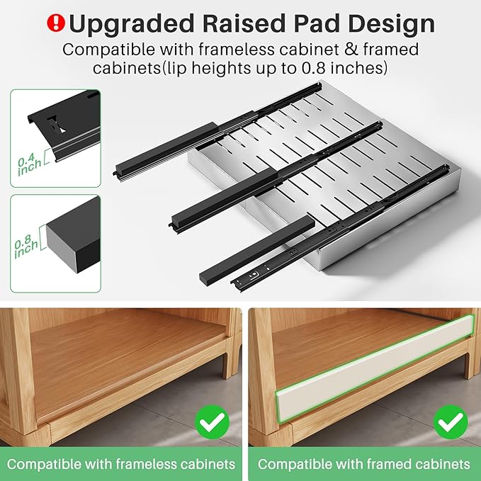 Pull out Cabinet Organizer, Stainless Steel Expandable(12"-20") Heavy Duty Slide out Drawers Fixed with Adhesive Nano Film for Pots, Roll out Shelf Storage for Kitchen Base(Silver-2pcs)(3 Rails)