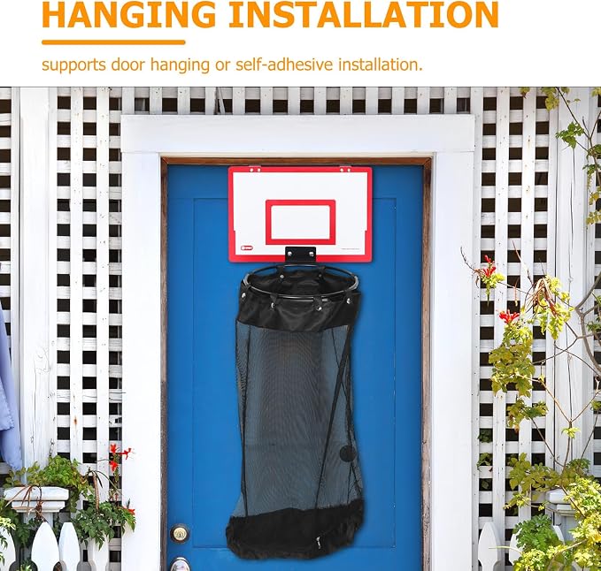 Wooden Basketball Hoop over Door Laundry Hamper Basket | Red Wood Backboard, Mesh Net and Iron Frame, Foldable Hanging Bag with Self Adhesive Hook for Laundry Room or Nursery