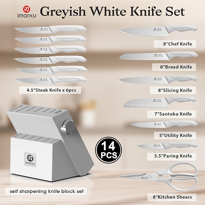 imarku 14 Pcs Japanese Stainless Steel Knives Set for Kitchen Grayish White | High-Carbon Stainless Steel Blades, Anti-Slip Handle, Built-In Sharpener for Lasting Performance, Gift for Cooking Beginners