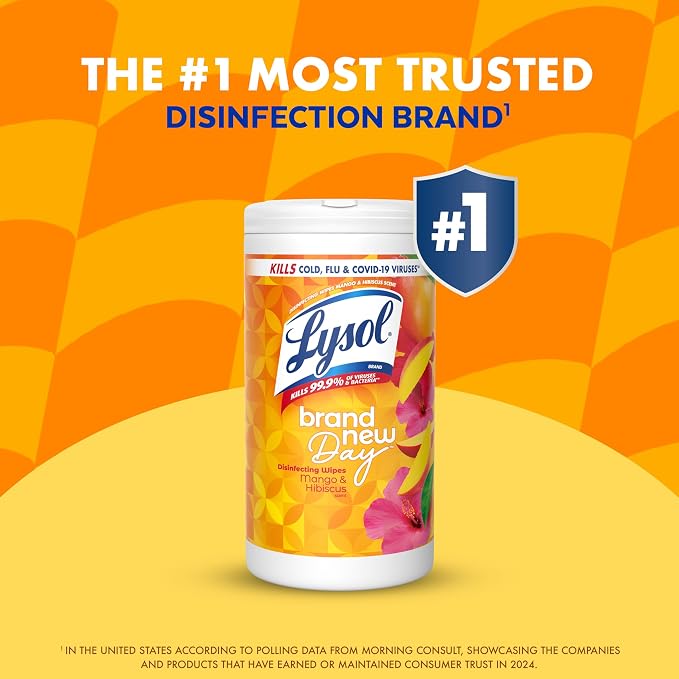 LYSOL Disinfecting Wipes, All Purpose Cleaner, Multi-Surface Antibacterial Cleaning Wipes, Household Cleaning Supplies, Dorm Essentials, Mango & Hibiscus Scent, 80 ct.