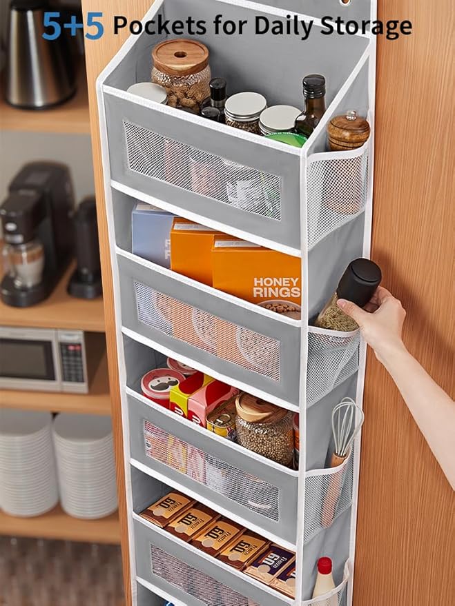 JARLINK Over the Door Organizer for Bedroom, Pantry, Bathroom, 5 Shelf Grey | Anti-Tilt Design, 44 lb Load Capacity, Hanging Door Organizer with 5 Large Capacity Pockets, Behind Door Storage for Nursery