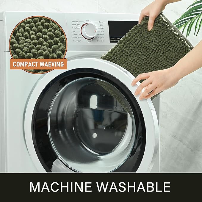 LOCHAS Luxury Bathroom Rug Shaggy Bath Mat 24 x 48 Inch, Olive Green | Washable Non Slip Bath Rugs for Bathroom Shower, Soft Plush Chenille Absorbent Carpets