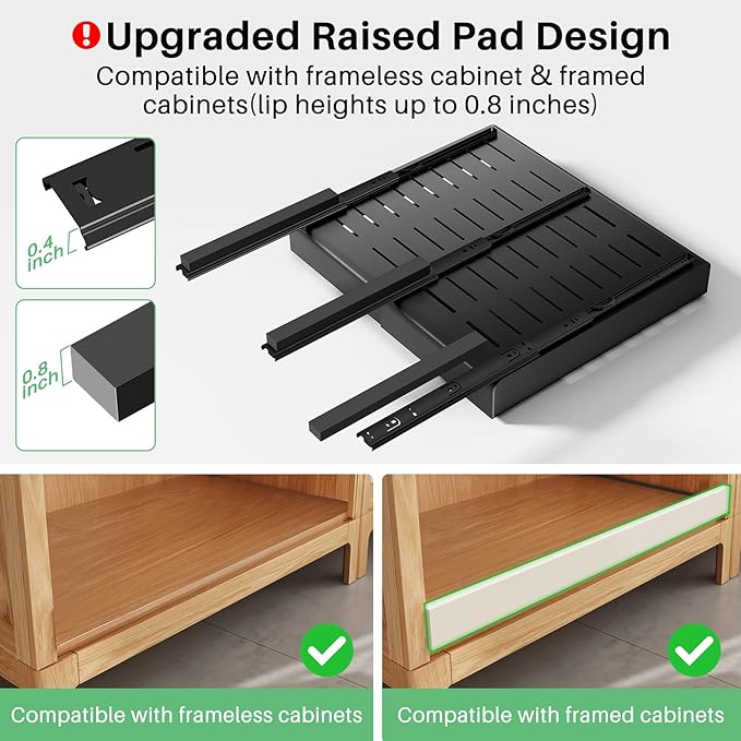 Pull out Cabinet Organizer, Wider Expandable(14"-24") Heavy Duty Slide out Drawers Fixed with Adhesive Nano Film for Pots and Pans, Roll out Shelf Storage for Kitchen Base Organization 2-Pack